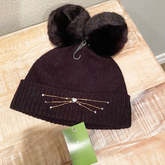 kate spade Accessories - Kate Spade Black Cat Kitty Pom Pom Beanie Hat